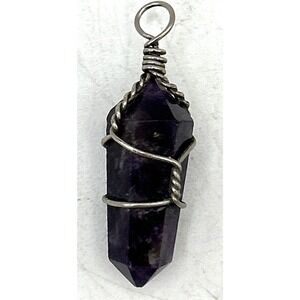 Amethyst Crystal Pendant Silver Tone Wire Wrap Double Terminated Point Handmade